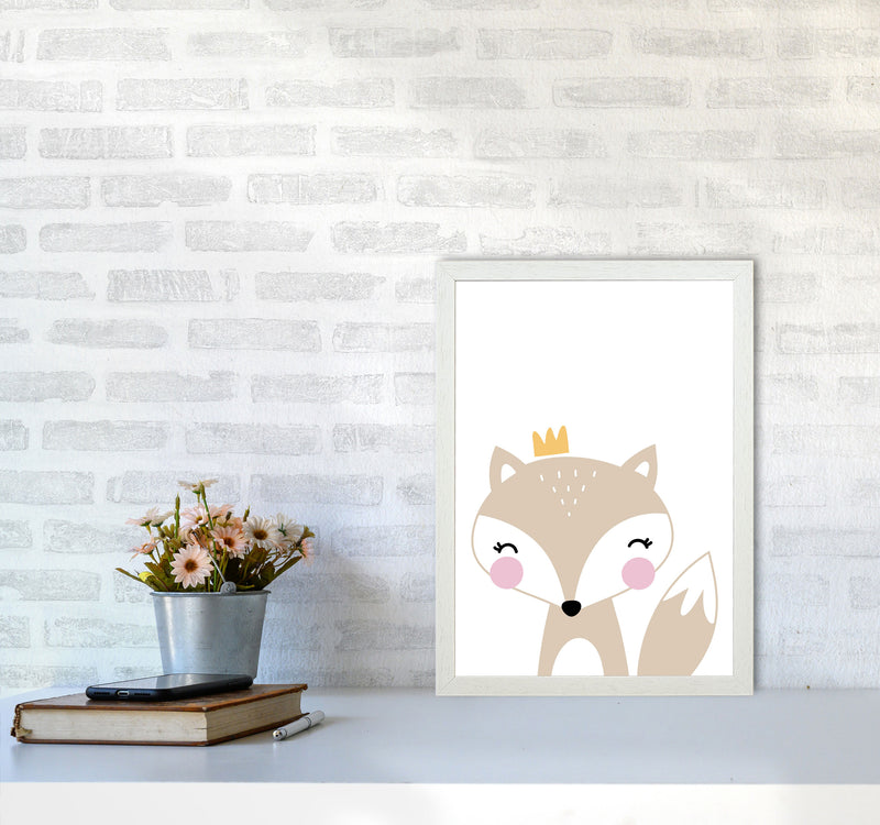 Scandi Beige Fox With Crown Framed Nursey Wall Art Print A3 Oak Frame