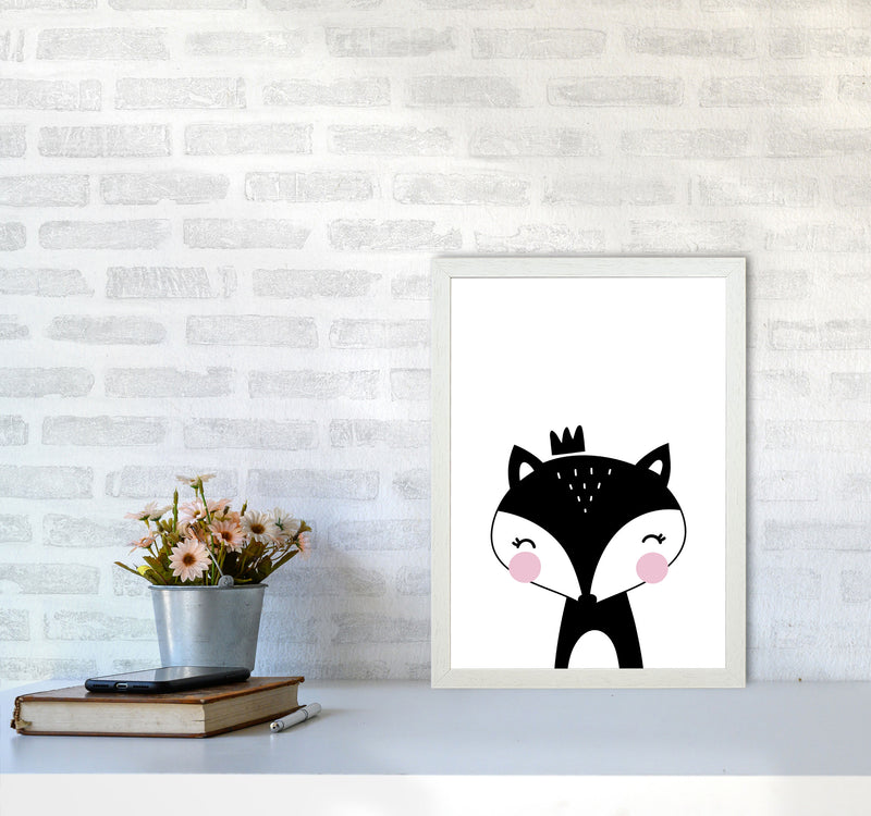 Scandi Black Fox With Crown Framed Nursey Wall Art Print A3 Oak Frame