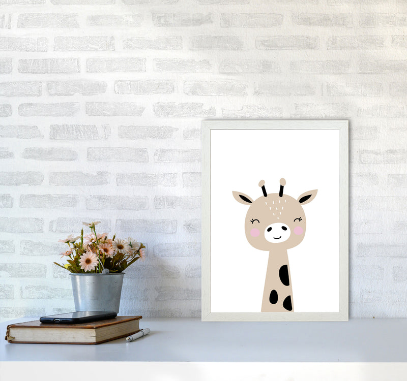Scandi Brown Giraffe Framed Nursey Wall Art Print A3 Oak Frame