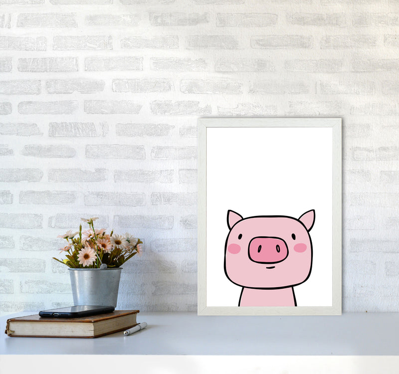 Scandi Pink Pig Framed Nursey Wall Art Print A3 Oak Frame