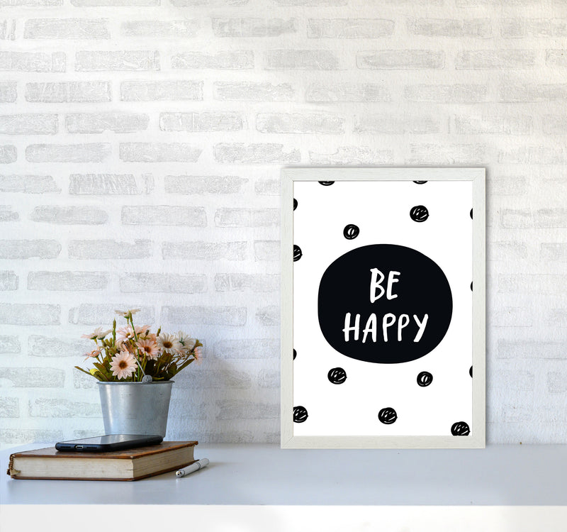 Be Happy Polka Dot Framed Typography Wall Art Print A3 Oak Frame