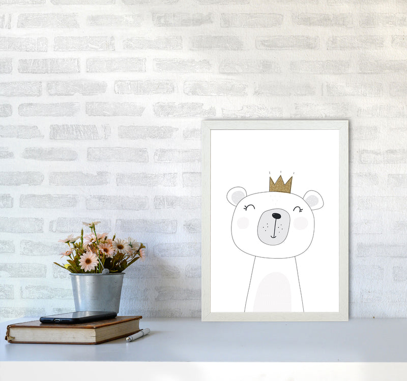 Scandi Cute Bear With Crown Framed Nursey Wall Art Print A3 Oak Frame