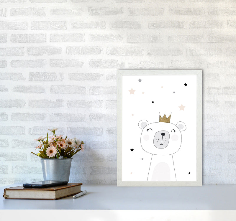 Scandi Cute Bear With Crown And Stars Print, Framed Childrens Wall Art A3 Oak Frame