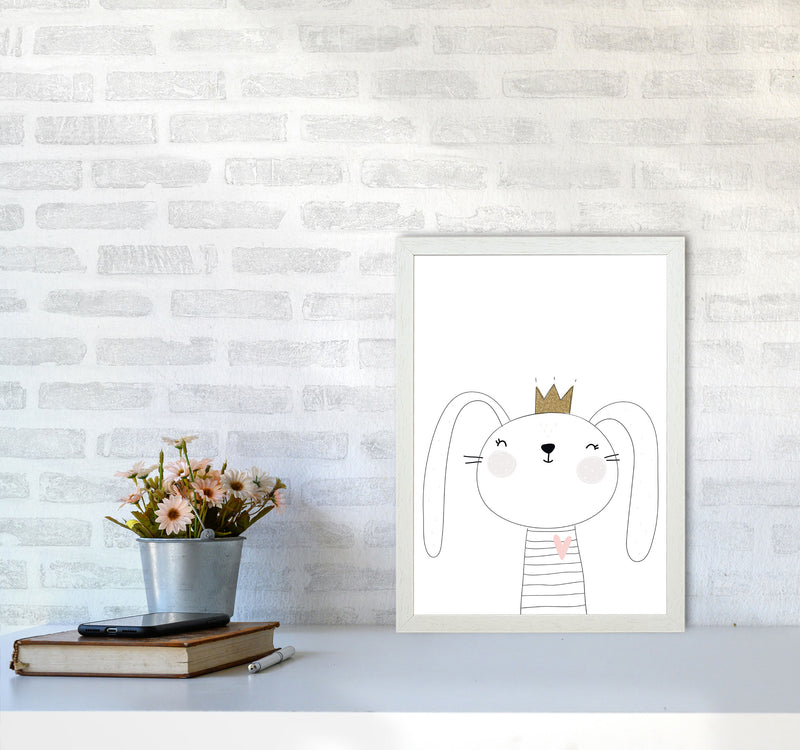Scandi Cute Bunny With Crown Framed Nursey Wall Art Print A3 Oak Frame