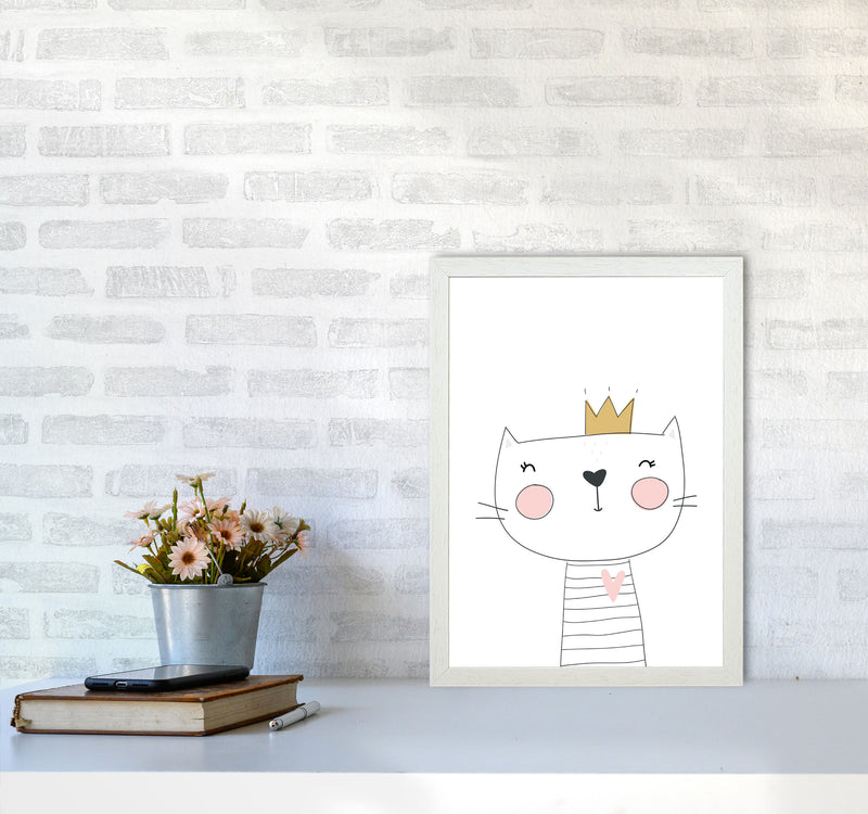 Scandi Cute Cat With Crown Framed Nursey Wall Art Print A3 Oak Frame