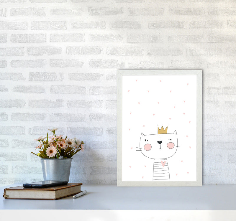 Scandi Cute Cat With Crown And Stars Framed Nursey Wall Art Print A3 Oak Frame
