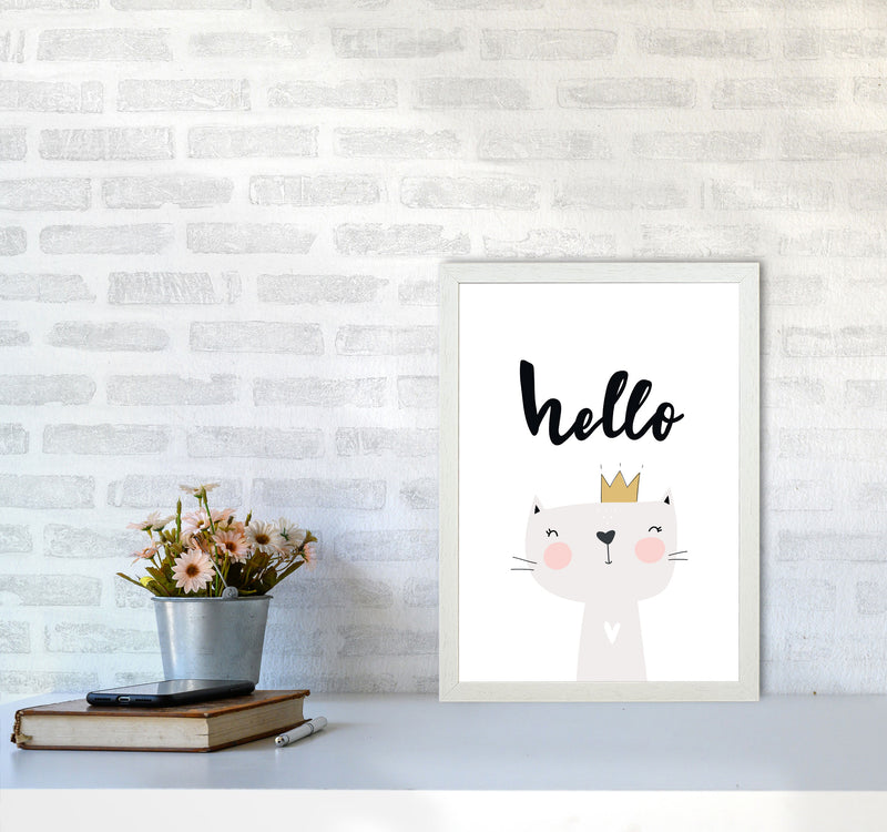 Hello Scandi Cat Modern Print Animal Art Print A3 Oak Frame