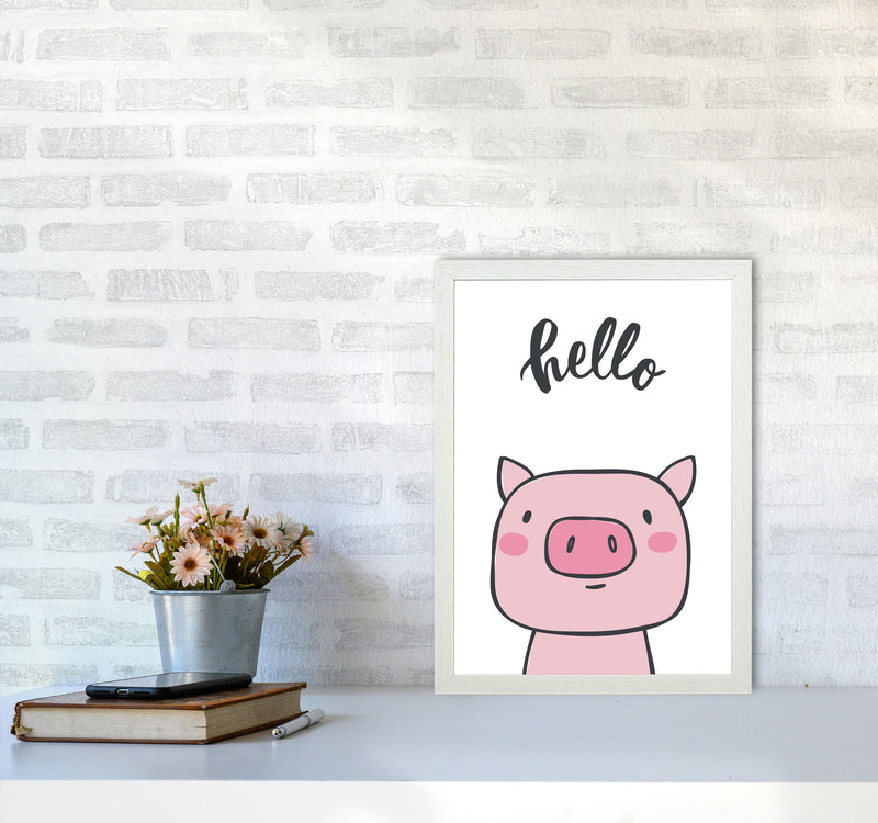 Hello Pig Modern Print Animal Art Print A3 Oak Frame