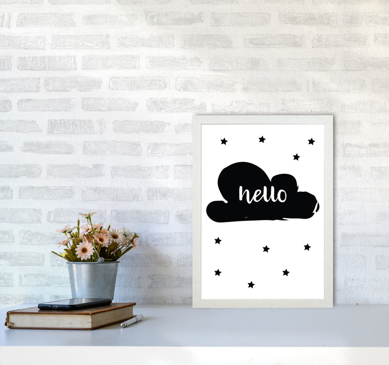 Hello Cloud Black Framed Nursey Wall Art Print A3 Oak Frame