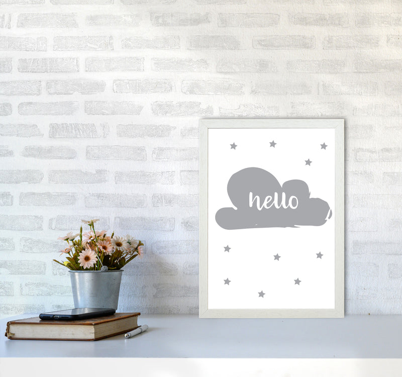 Hello Cloud Grey Framed Nursey Wall Art Print A3 Oak Frame