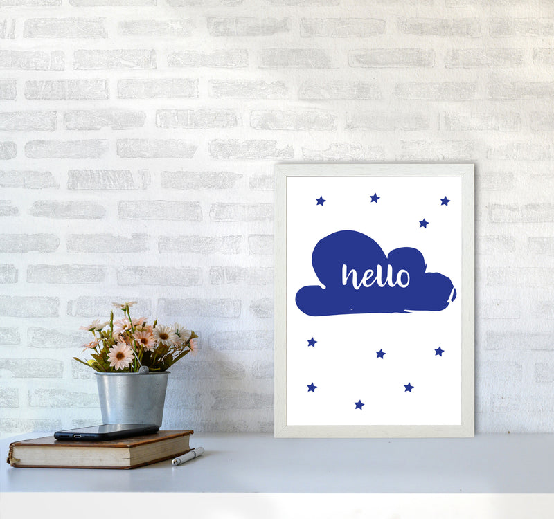 Hello Cloud Navy Framed Nursey Wall Art Print A3 Oak Frame