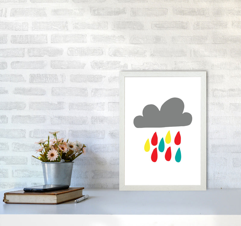 Grey Rain Cloud Framed Nursey Wall Art Print A3 Oak Frame