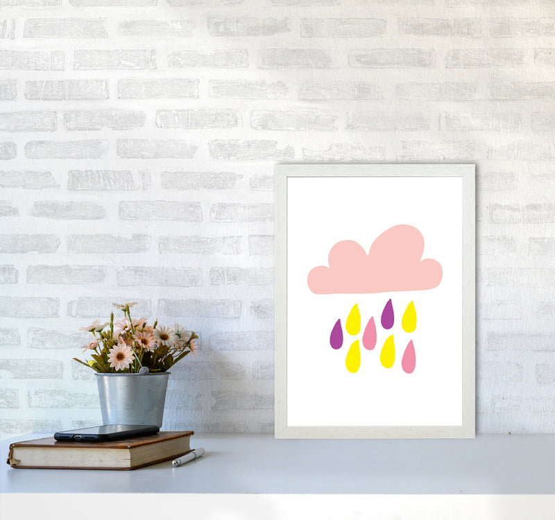 Pink Rain Cloud Framed Nursey Wall Art Print A3 Oak Frame