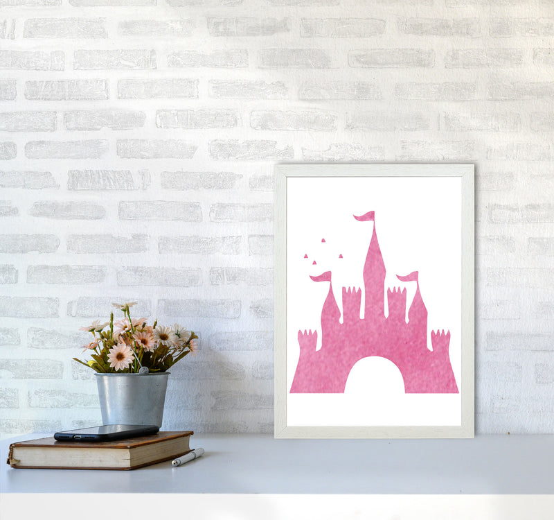 Pink Castle Watercolour Modern Print A3 Oak Frame