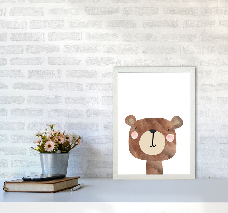 Scandi Brown Bear Watercolour Framed Nursey Wall Art Print A3 Oak Frame