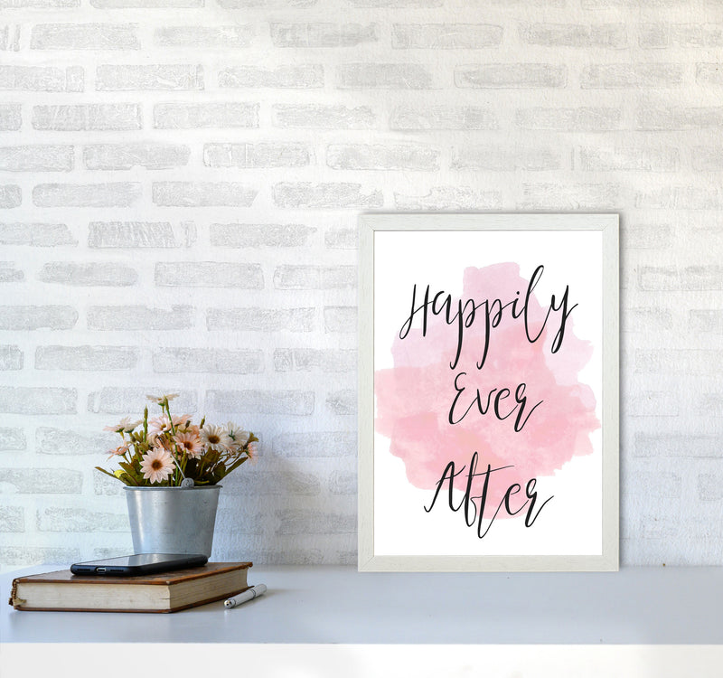 Happily Ever After Pink Watercolour Modern Print A3 Oak Frame