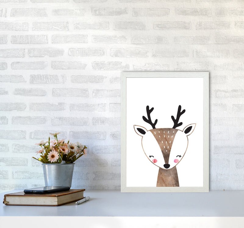 Scandi Brown Deer Watercolour Framed Nursey Wall Art Print A3 Oak Frame