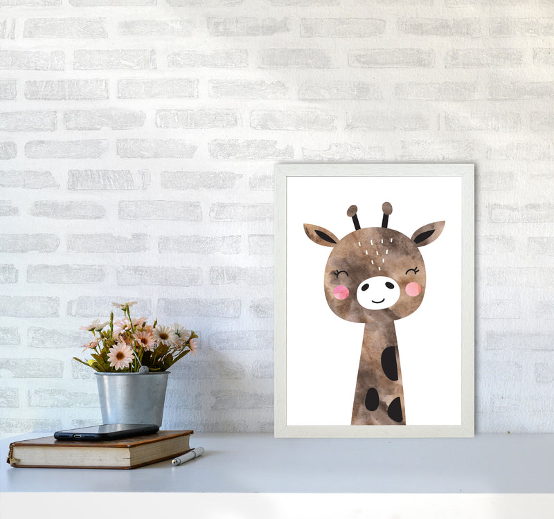 Scandi Brown Giraffe Watercolour Framed Nursey Wall Art Print A3 Oak Frame