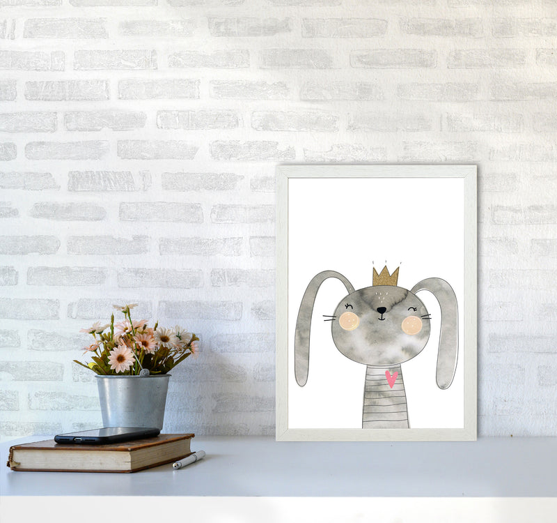 Scandi Grey Bunny Watercolour Framed Nursey Wall Art Print A3 Oak Frame