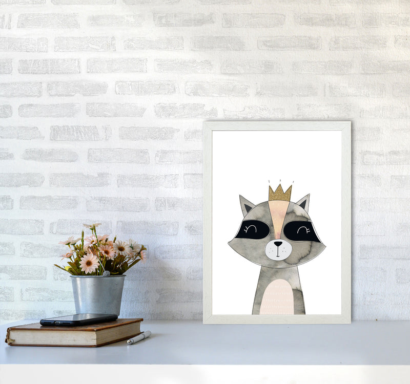 Scandi Grey Raccoon Watercolour Framed Nursey Wall Art Print A3 Oak Frame