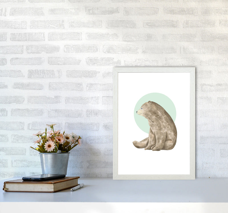 Watercolour Bear With Green Circle Modern Print Animal Art Print A3 Oak Frame