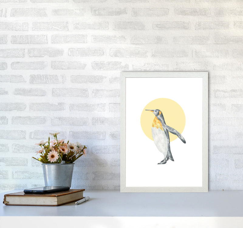 Watercolour Penguin With Yellow Circle Modern Print, Animal Art Print A3 Oak Frame