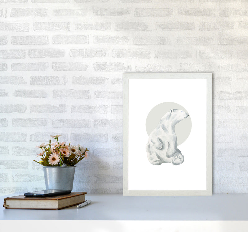 Watercolour Polar Bear With Grey Circle Modern Print, Animal Art Print A3 Oak Frame