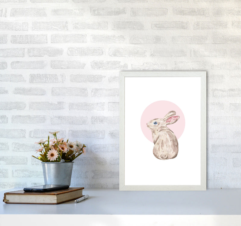 Watercolour Bunny With Pink Circle Modern Print, Animal Art Print A3 Oak Frame