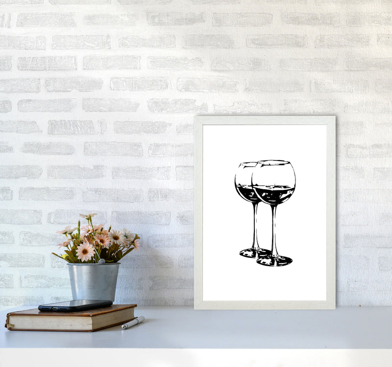 Black Wine Glasses Modern Print, Framed Kitchen Wall Art A3 Oak Frame