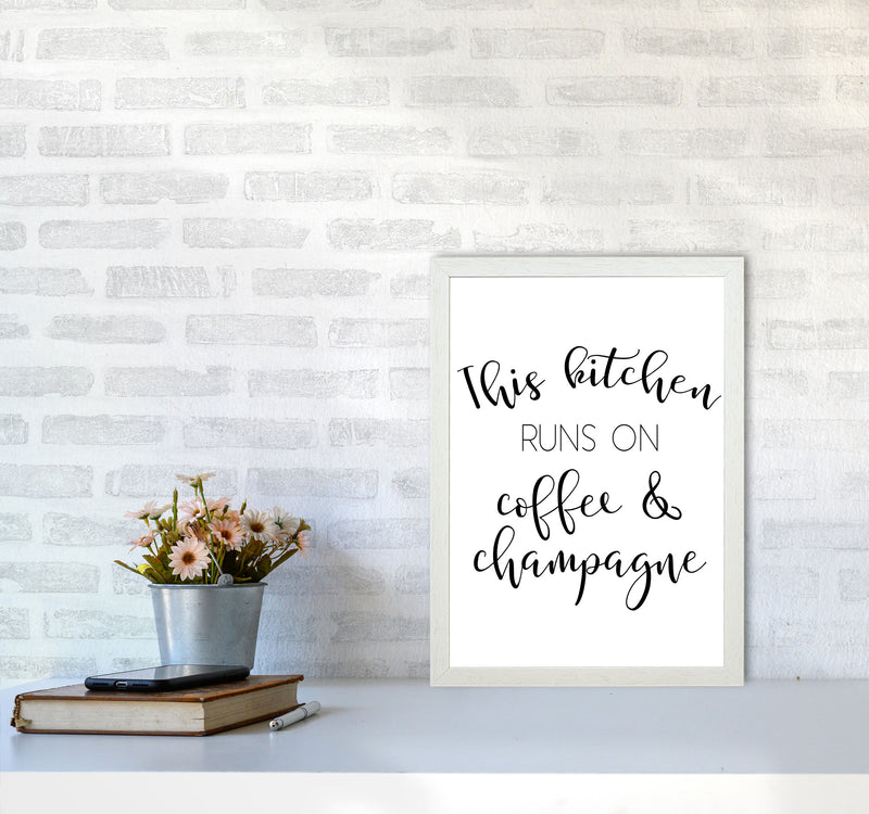 This Kitchen Runs On Coffee And Champagne Modern Print, Framed Kitchen Wall Art A3 Oak Frame