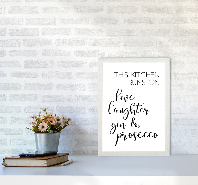 This Kitchen Runs On Love Laughter Gin & Prosecco Print, Framed Kitchen Wall Art A3 Oak Frame