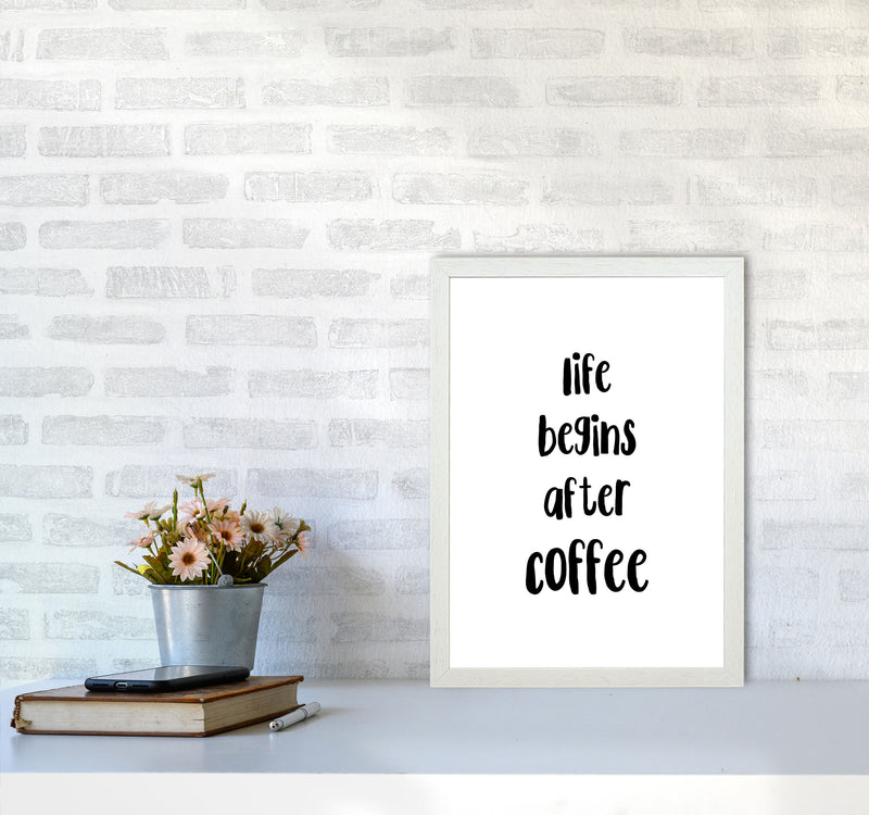 Life Begins After Coffee Modern Print, Framed Kitchen Wall Art A3 Oak Frame
