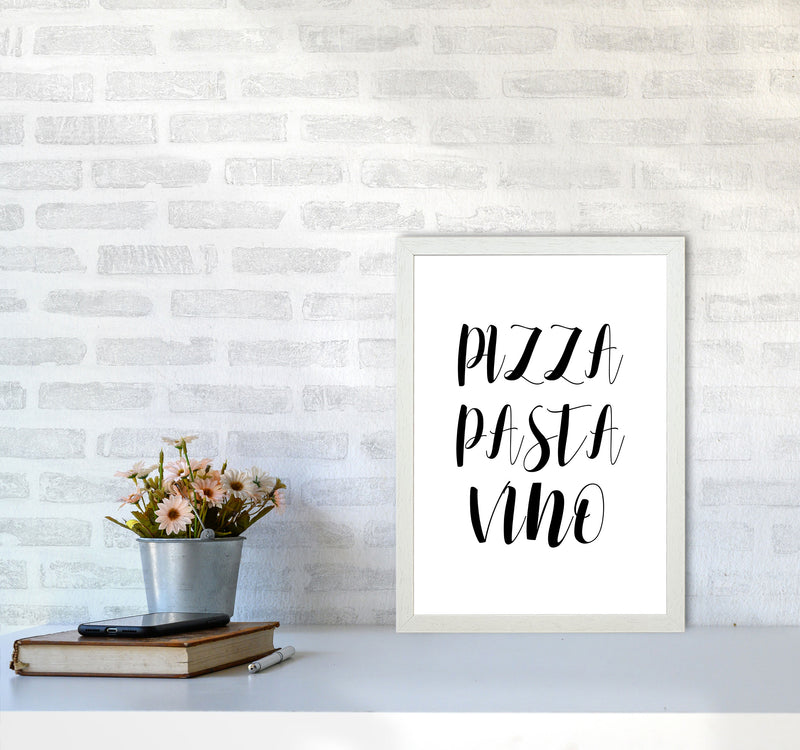 Pizza Pasta Vino Modern Print, Framed Kitchen Wall Art A3 Oak Frame