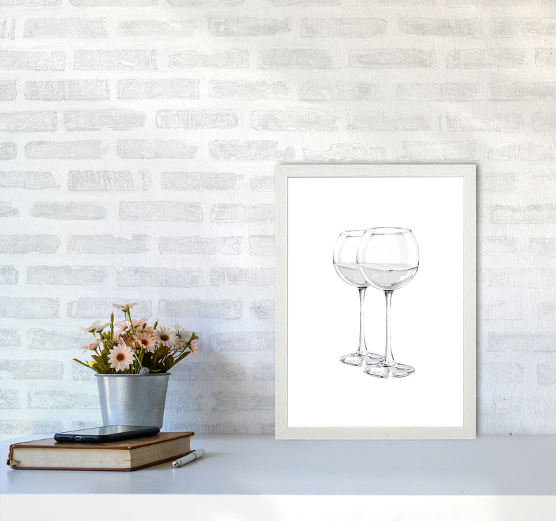 White Wine Glasses Modern Print, Framed Kitchen Wall Art A3 Oak Frame