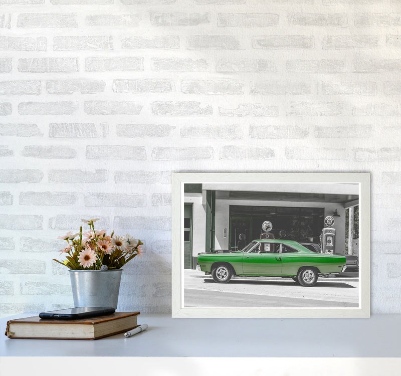 Green Car Modern Print A3 Oak Frame