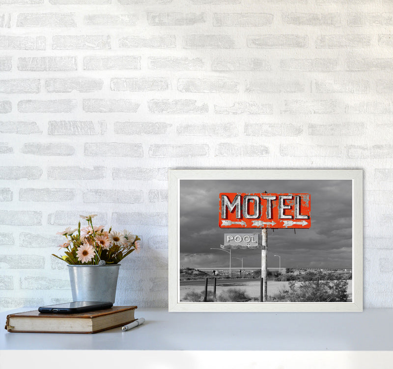 Red Motel Sign Modern Print A3 Oak Frame