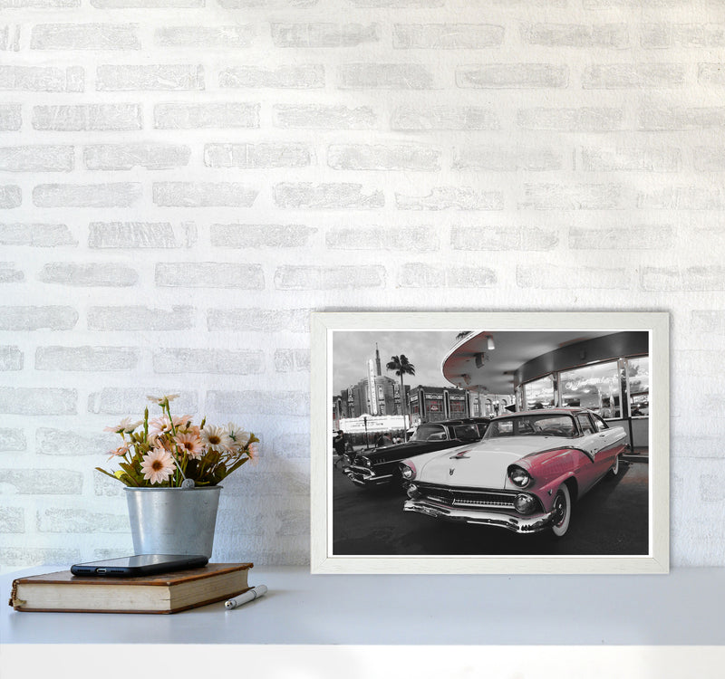 Vintage Pink And White Car Modern Print A3 Oak Frame