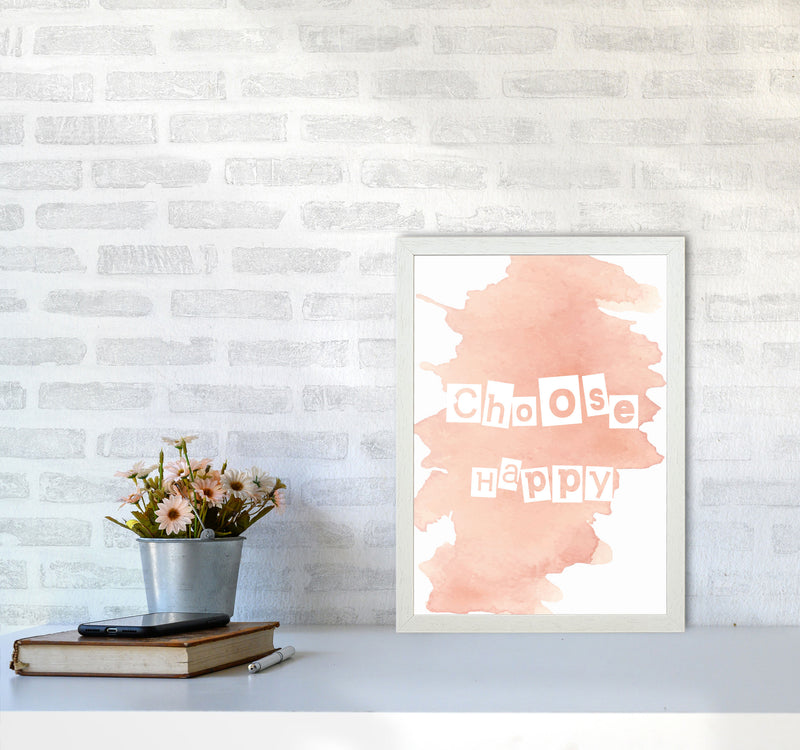 Choose Happy Peach Watercolour Modern Print A3 Oak Frame