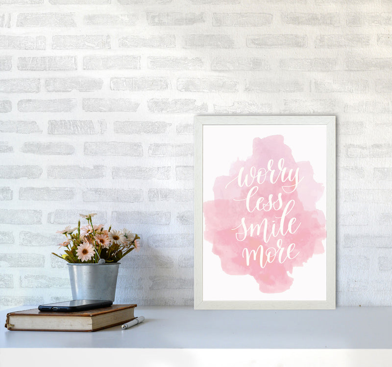 Worry Less Smile More Pink Watercolour Modern Print A3 Oak Frame