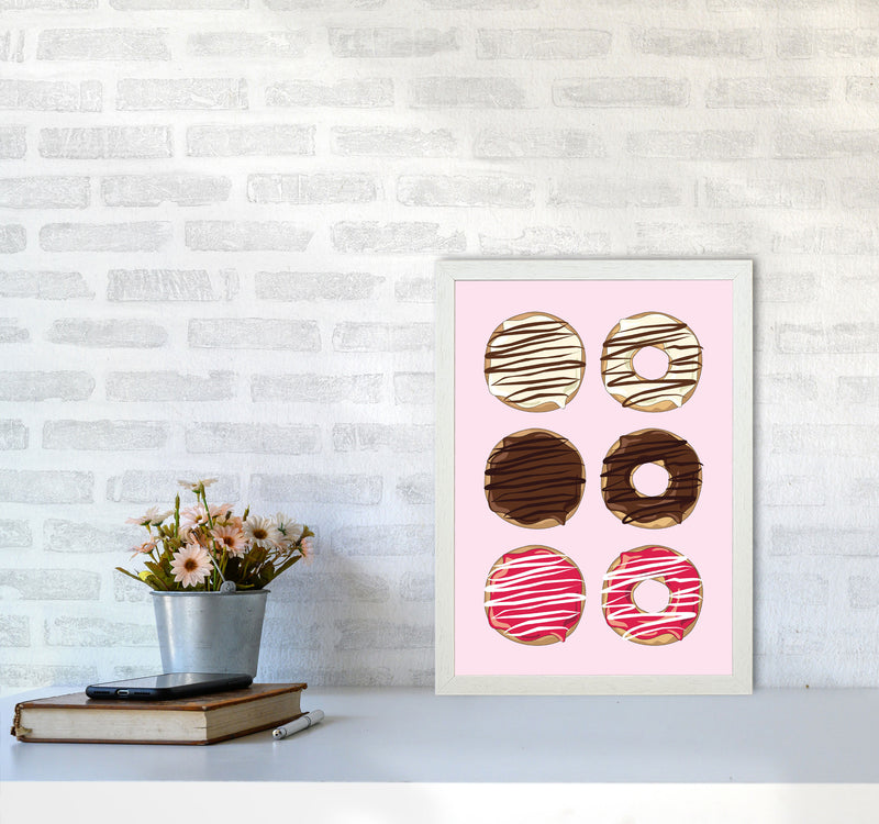 Donuts Pink Modern Print, Framed Kitchen Wall Art A3 Oak Frame