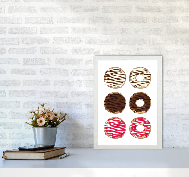 Donuts White Modern Print, Framed Kitchen Wall Art A3 Oak Frame