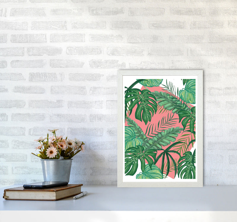 Abstract Leaves With Pink Background Modern Print, Framed Botanical Nature Art A3 Oak Frame