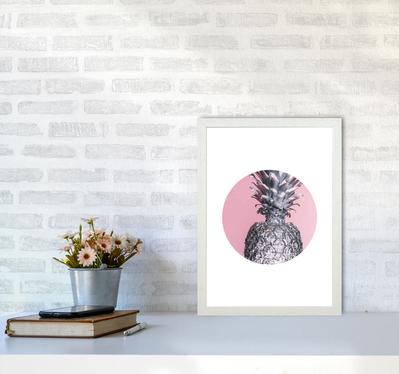Pineapple Pink Circle Modern Print A3 Oak Frame