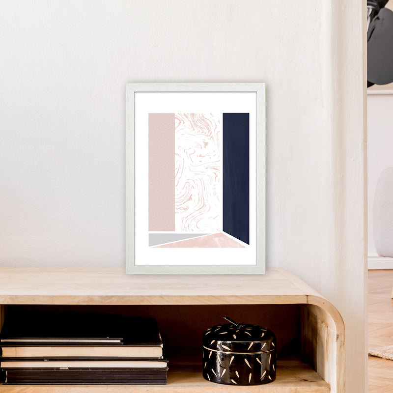 Navy And Marble Pink 2 Art Print by Pixy Paper A3 Oak Frame
