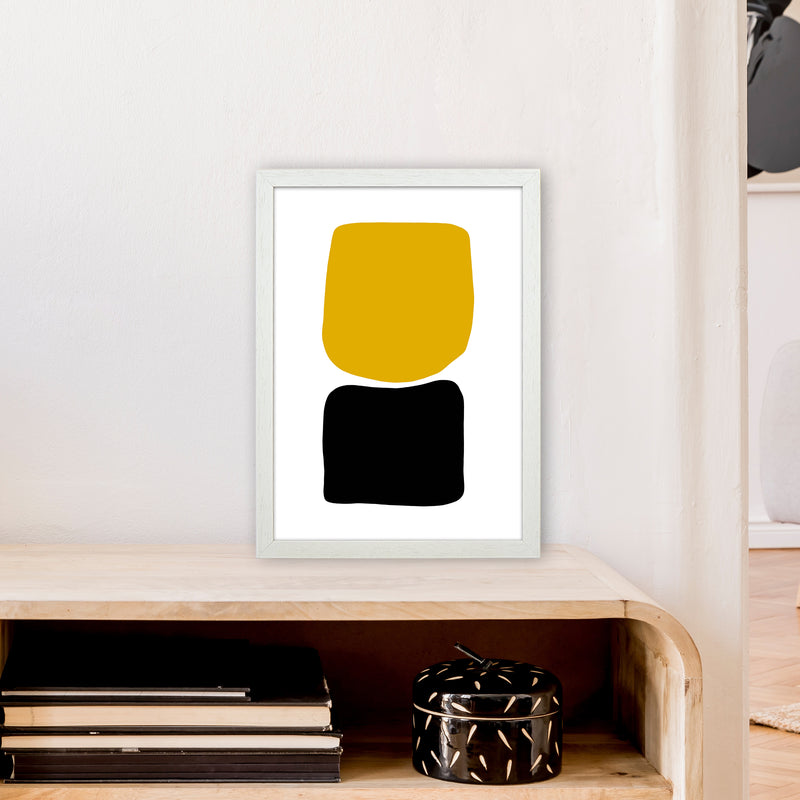 Mustard And Black Abstract Stones 3 Art Print by Pixy Paper A3 Oak Frame