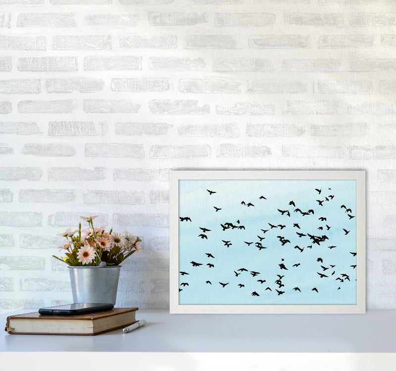 Flock Of Birds Landscape Blue Sky Art Print by Pixy Paper A3 Oak Frame