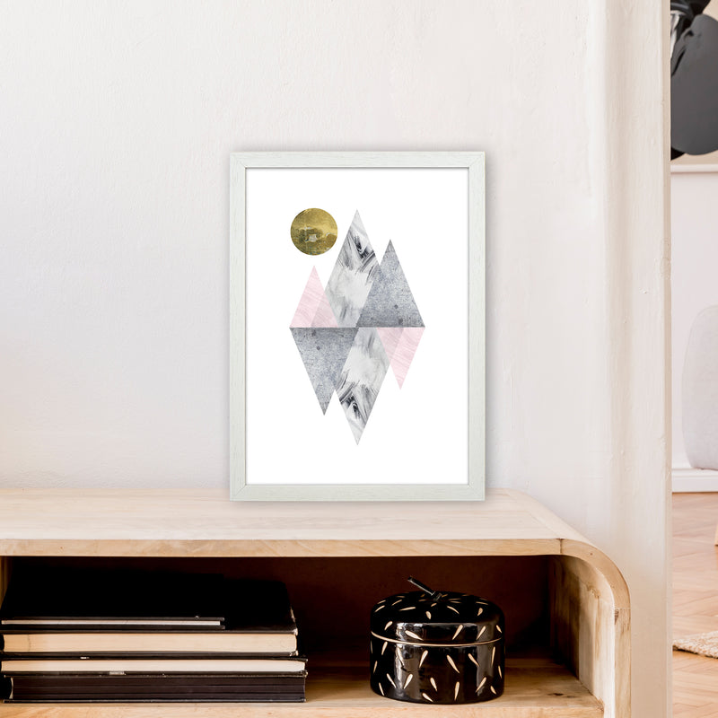 Luna Pink And Grey Diamonds With Gold Moon  Art Print by Pixy Paper A3 Oak Frame