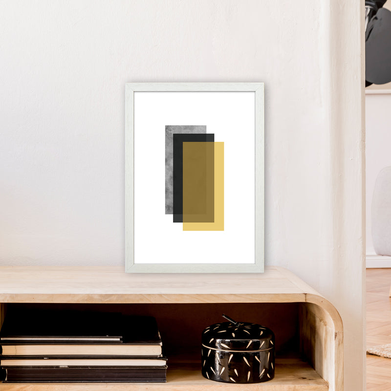 Geometric Mustard And Black Rectangles  Art Print by Pixy Paper A3 Oak Frame