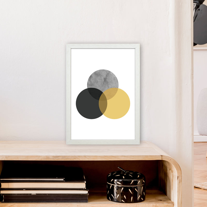 Geometric Mustard And Black Circles  Art Print by Pixy Paper A3 Oak Frame