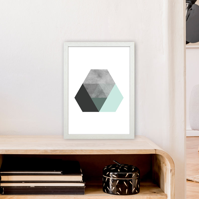Geometric Mint And Black Hexagon  Art Print by Pixy Paper A3 Oak Frame
